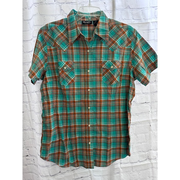 Wrangler Retro Western Plaid Short Sleeve Shirt Turquoise Brown Large‎ - Picture 1 of 4